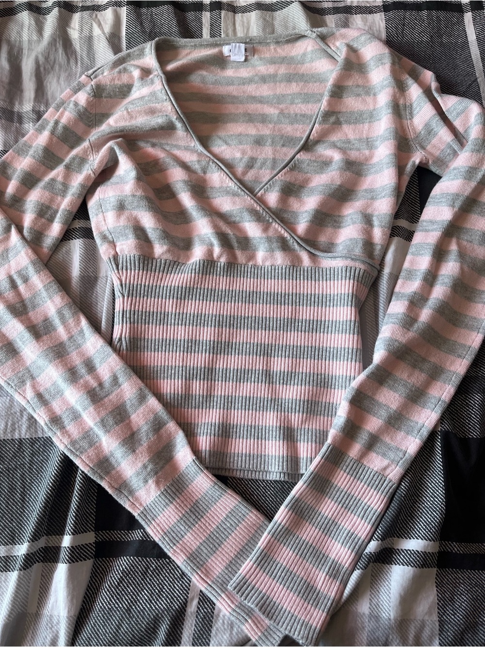 Garage Pink & Gray Striped Wrap V-Neck Sweater